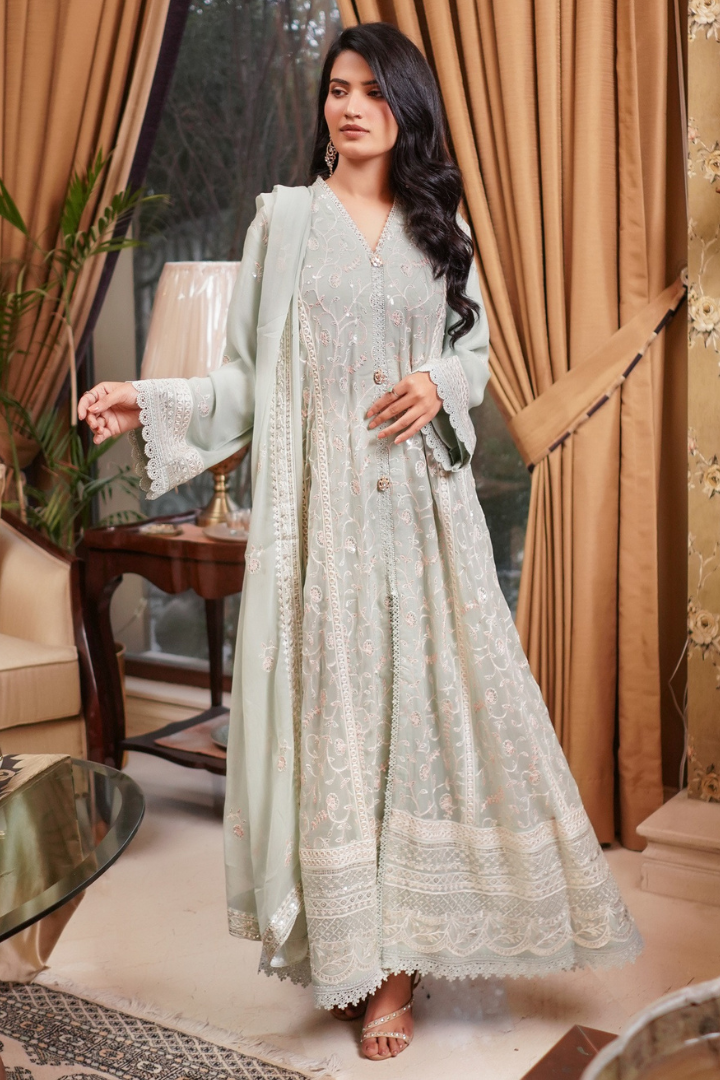 Aghanoor Afsanaay Chiffon Gown 3PCS Ready to Wear Collection | Light Green