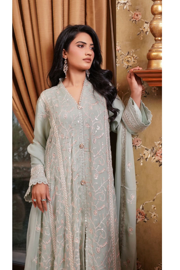 Aghanoor Afsanaay Chiffon Gown 3PCS Ready to Wear Collection | Light Green