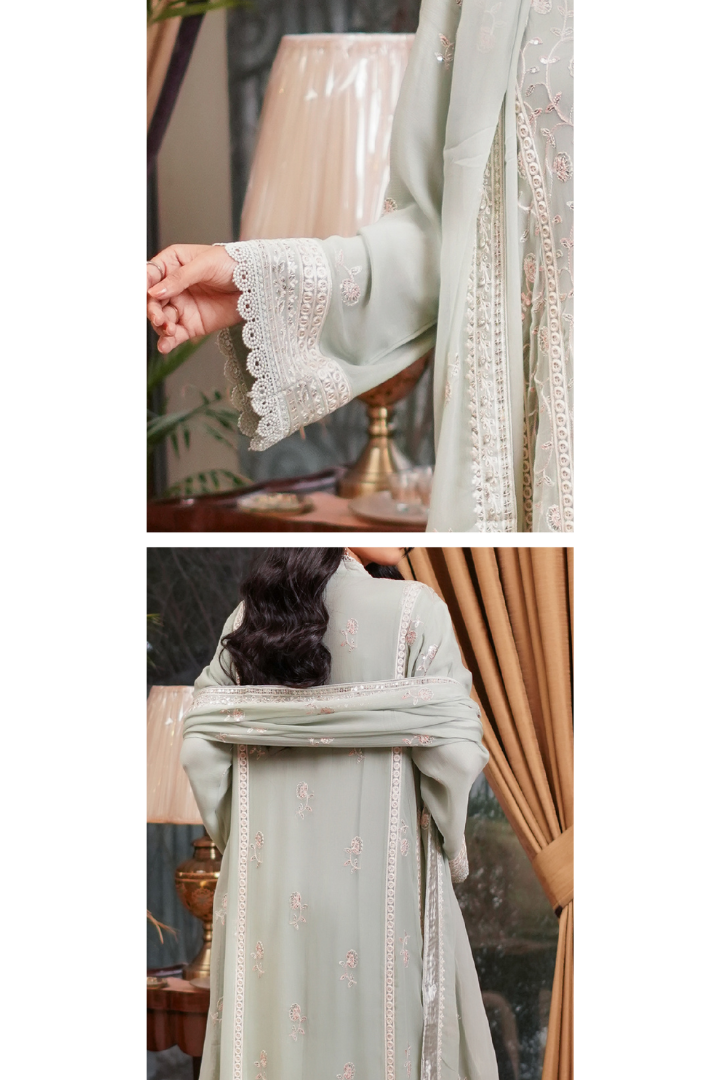 Aghanoor Afsanaay Chiffon Gown 3PCS Ready to Wear Collection | Light Green