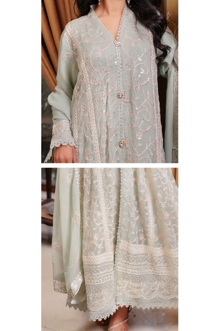 Aghanoor Afsanaay Chiffon Gown 3PCS Ready to Wear Collection | Light Green