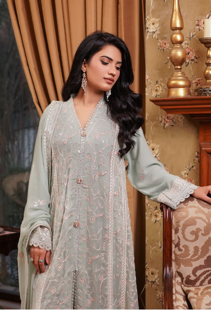 Aghanoor Afsanaay Chiffon Gown 3PCS Ready to Wear Collection | Light Green