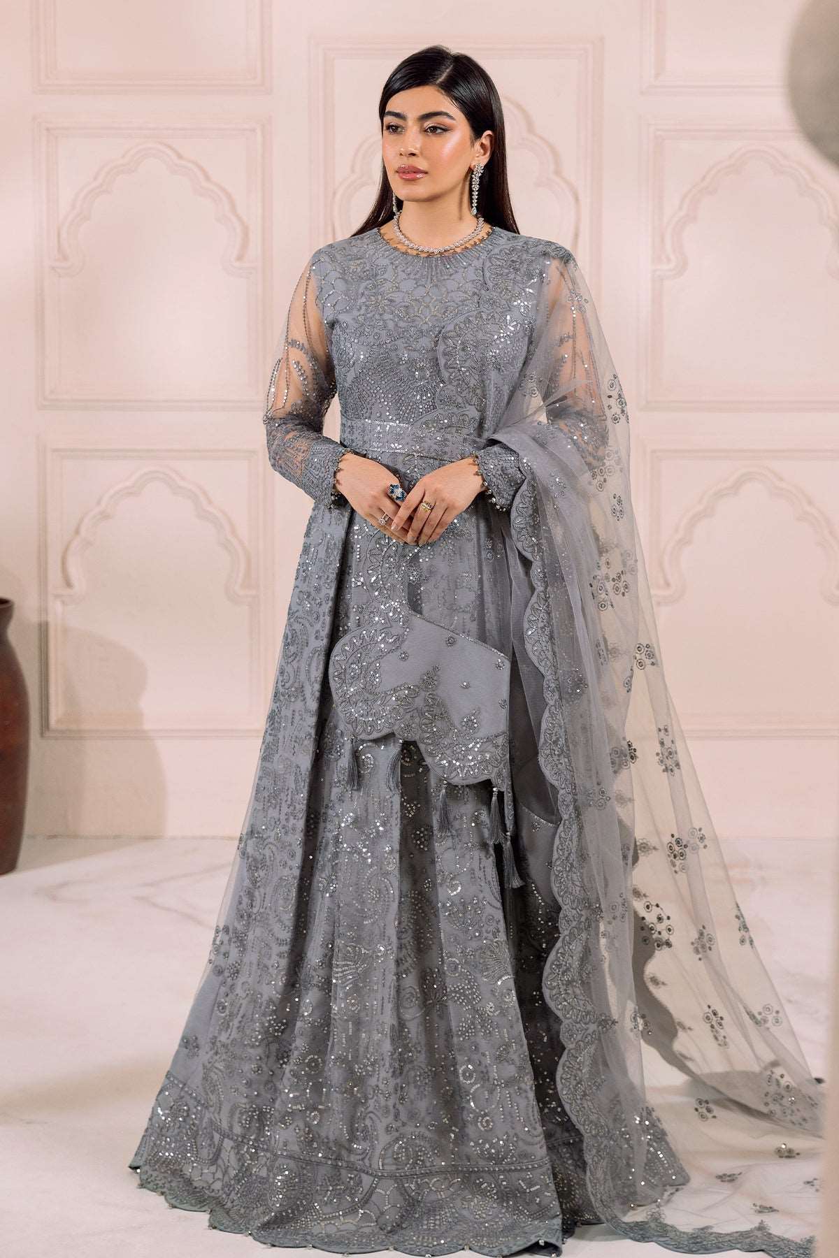 Alizeh Dua Luxury Formals | Khirad- Grey - Mirha Fashion - Alizeh - Luxury Formals -