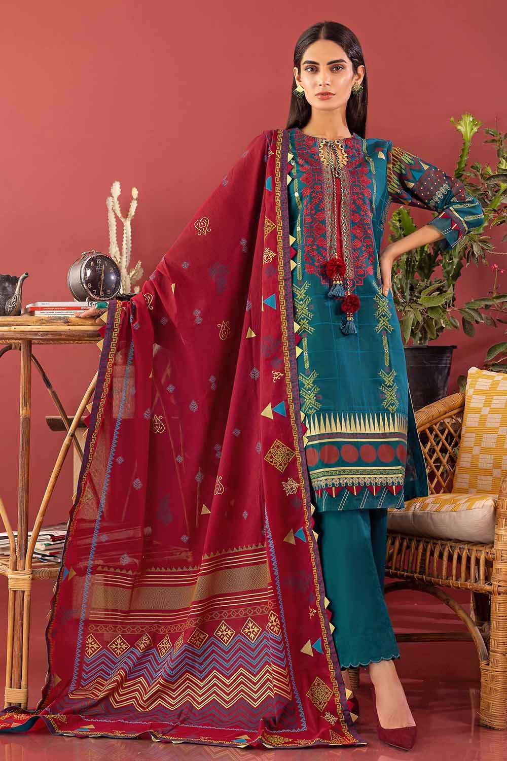 3PC Glitter and Lacquer Printed Denting Lawn Suit DN-22015 - Mirha Fashion