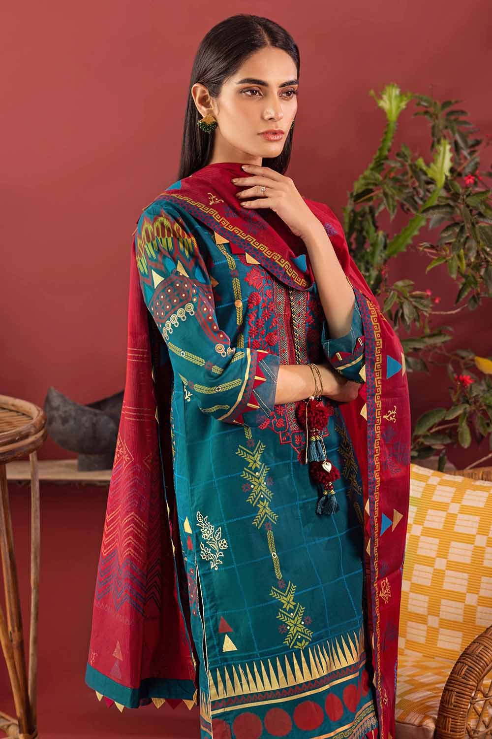 3PC Glitter and Lacquer Printed Denting Lawn Suit DN-22015 - Mirha Fashion