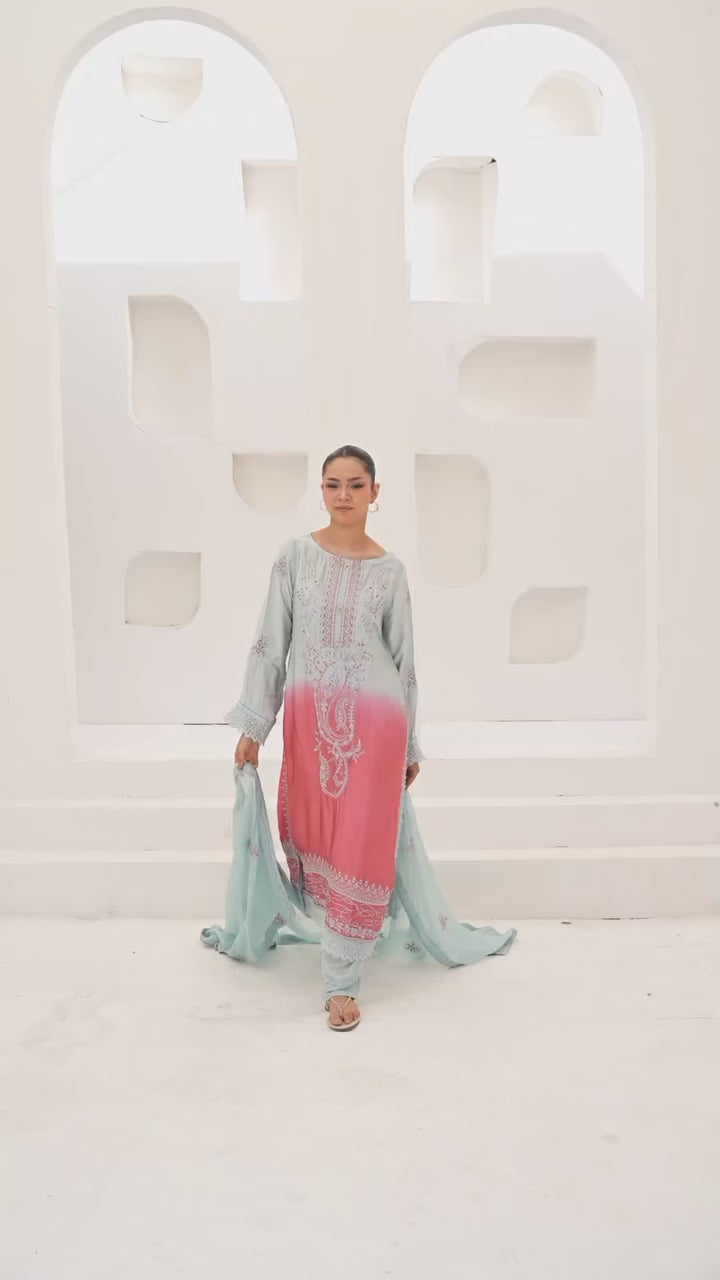 Shaanse Luxury Ombre Silk Ready to Wear Collection 2026 | Sky Blue Pink