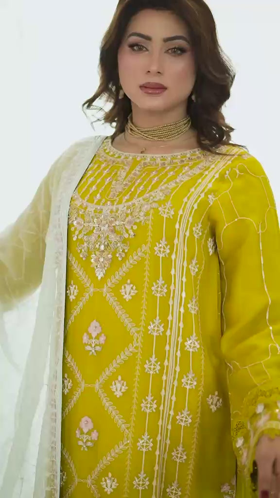Agha Noor Qurbat Chiffon Handwork Ready to Wear Collection 2026 | Yellow