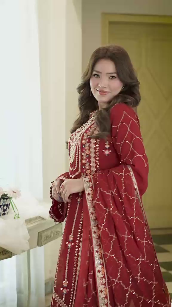 Agha Noor Qurbat Chiffon Handwork Ready to Wear Collection 2026 | Maroon