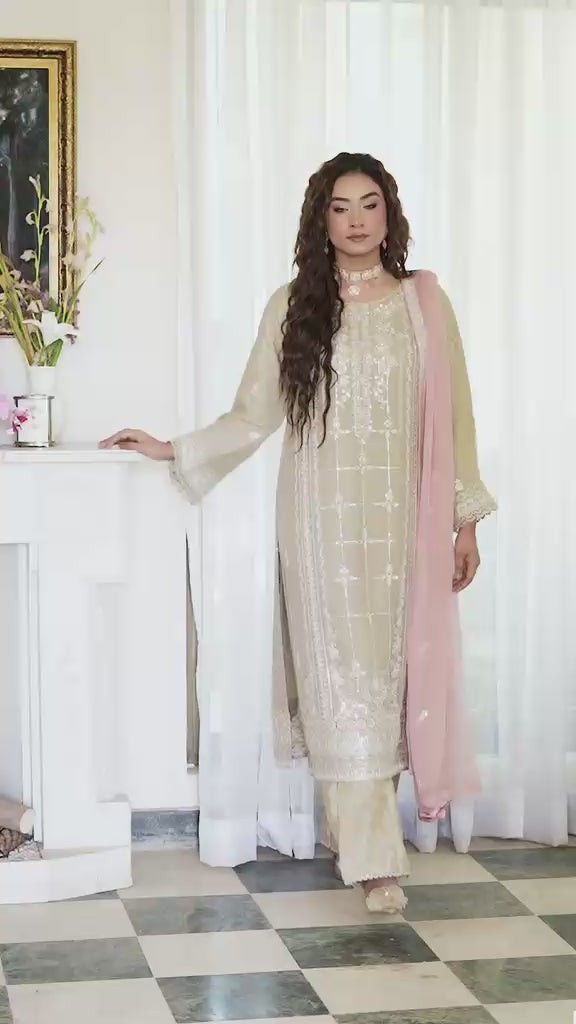 Agha Noor Qurbat Chiffon Handwork Ready to Wear Collection 2026 | Beige