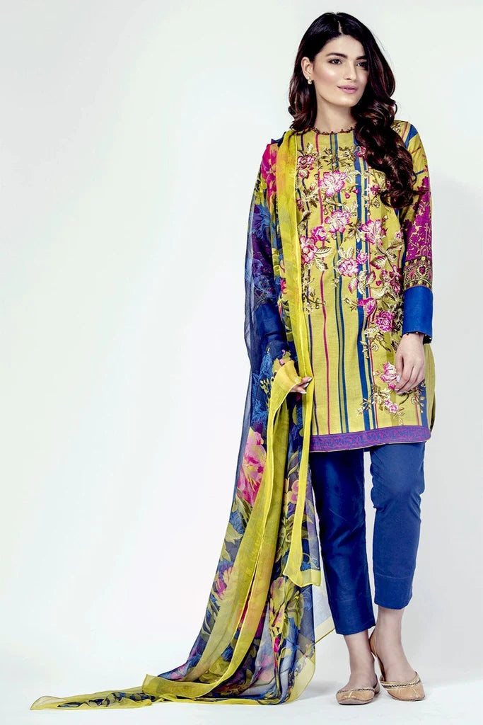 AlKaram Spring/Summer – 3 Piece Printed Emb Ready To Wear | SS-06 Green - Mirha Fashion